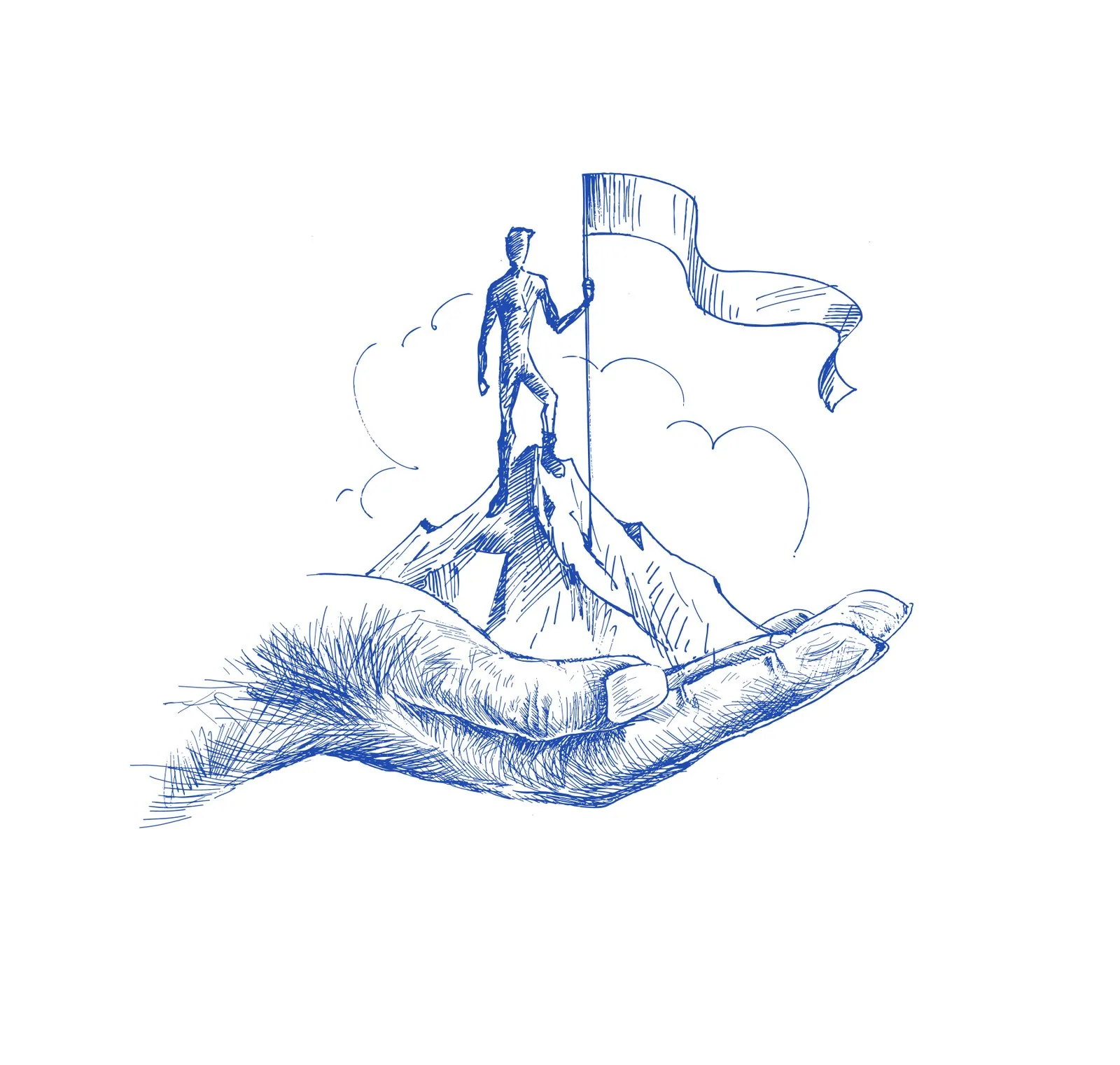 Illustration of a figure planting a flag on a summit held in an open hand